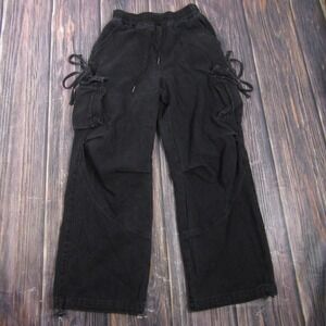 FRIFUL Pants Womens M Black Cargo Twill Elastic Waist Drawstring Pockets Straps
